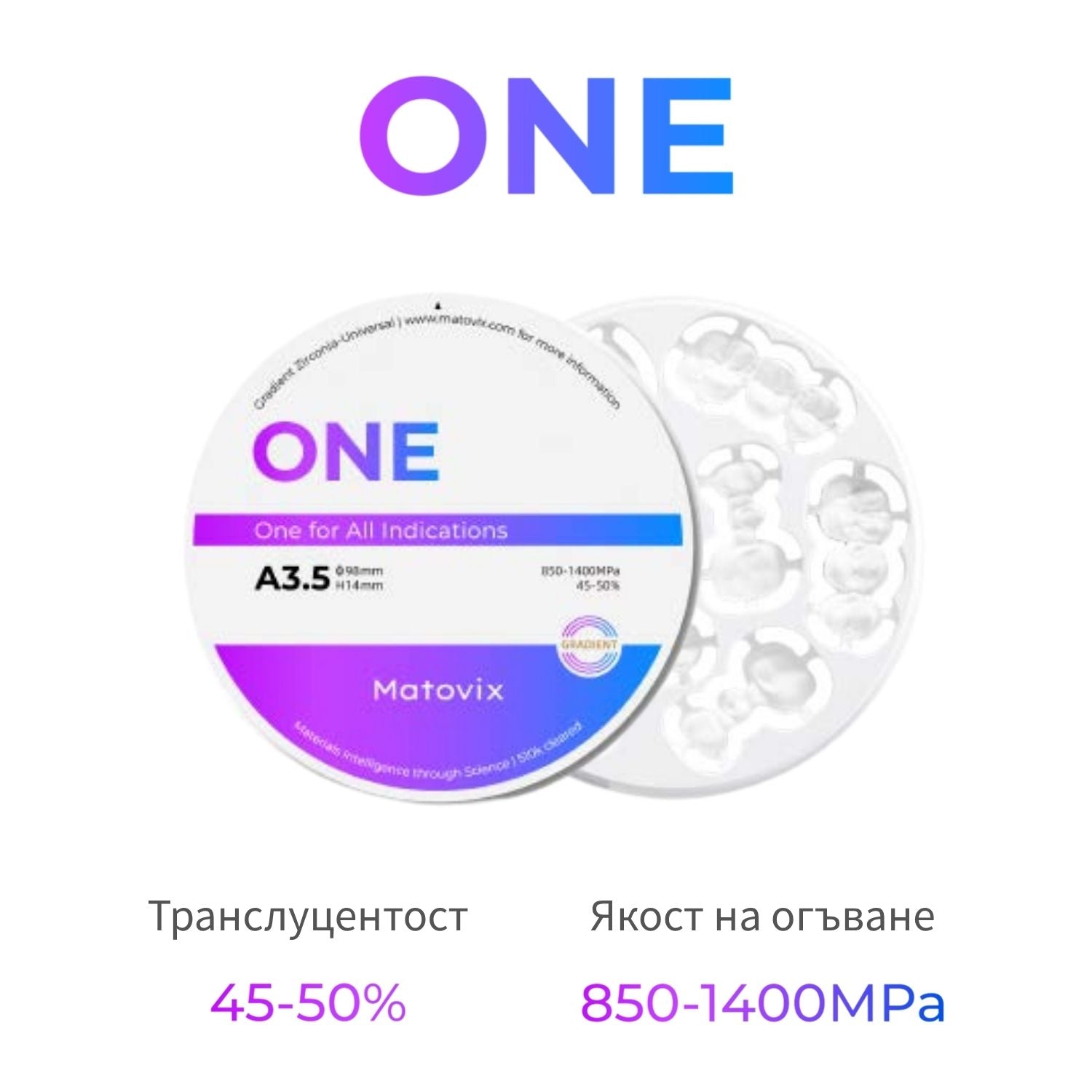 Multilayer циркониев диск Matovix ONE с 45-50% транслуцентност и 850-1400 MPa якост на огъване за CAD/CAM системи