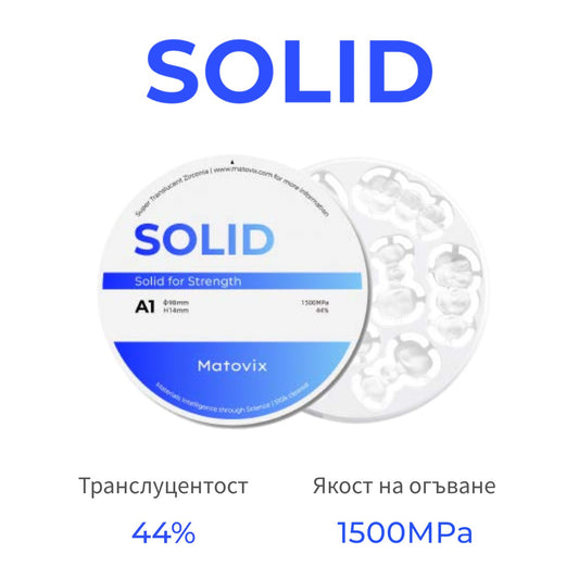 Оцветен монолитен циркониев диск Matovix SOLID с 44% транслуцентност и 1500 MPa якост на огъване за CAD/CAM системи.